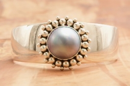 Artie Yellowhorse Genuine Blue Irdescent Mabe Pearl Sterling Silver Bracelet